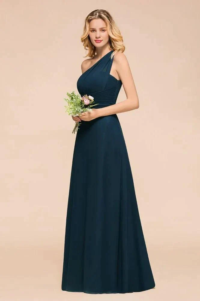 One Shoulder Floor-Length Bridesmaid Dress A-line Chiffon Wedding Party Dresses - Image 6