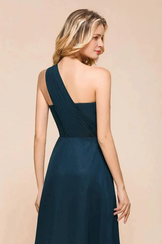 One Shoulder Floor-Length Bridesmaid Dress A-line Chiffon Wedding Party Dresses - Image 8