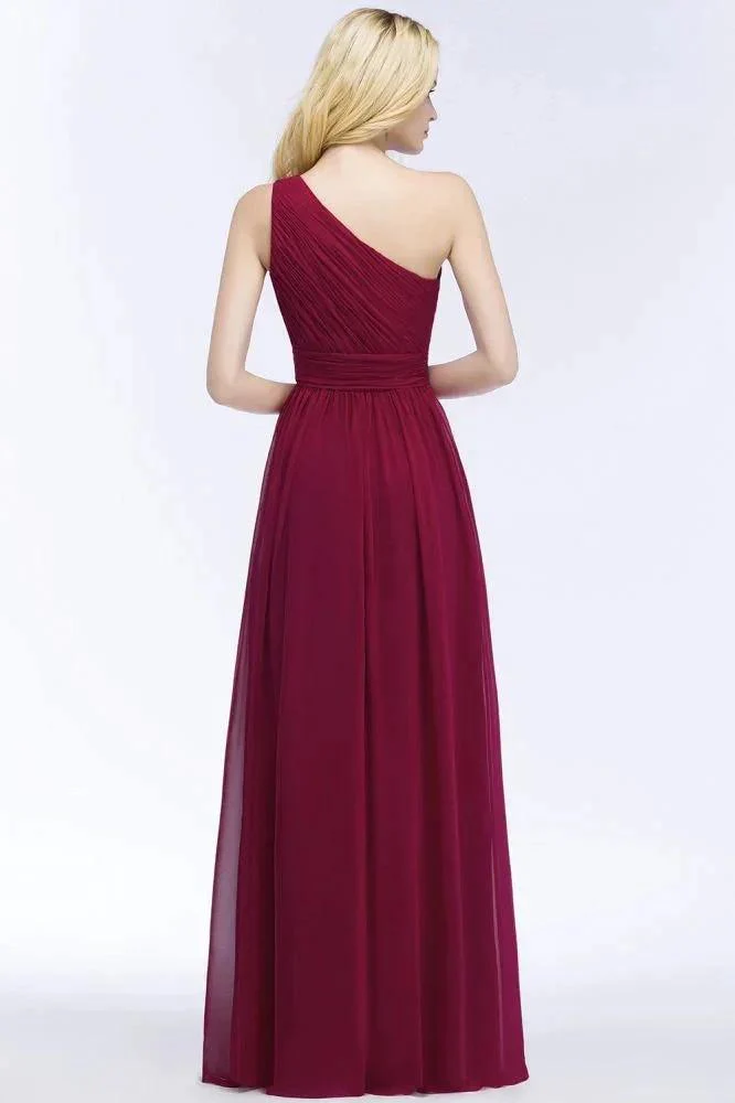 One-shoulder Floor Length Burgundy Ruffled Chiffon A-line Bridesmaid Dresses - Image 2