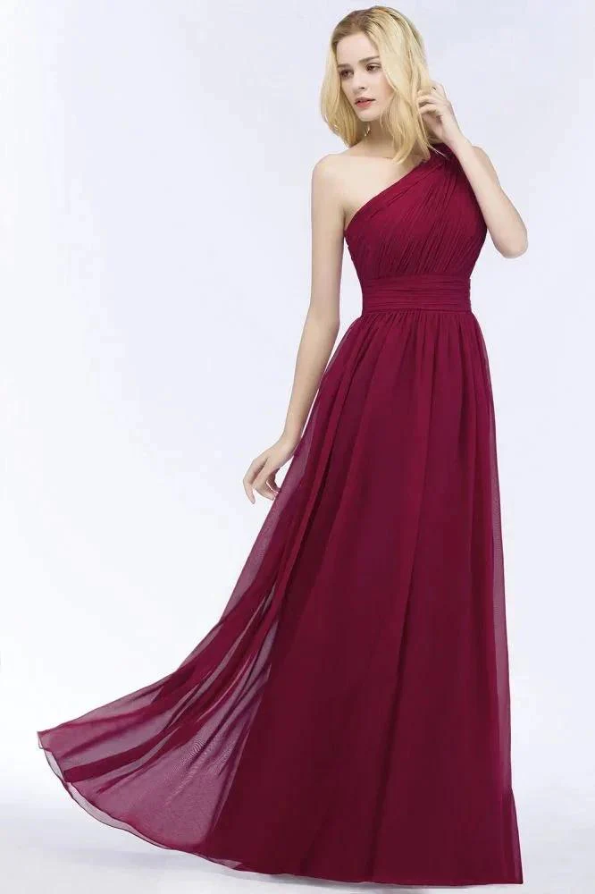One-shoulder Floor Length Burgundy Ruffled Chiffon A-line Bridesmaid Dresses - Image 3