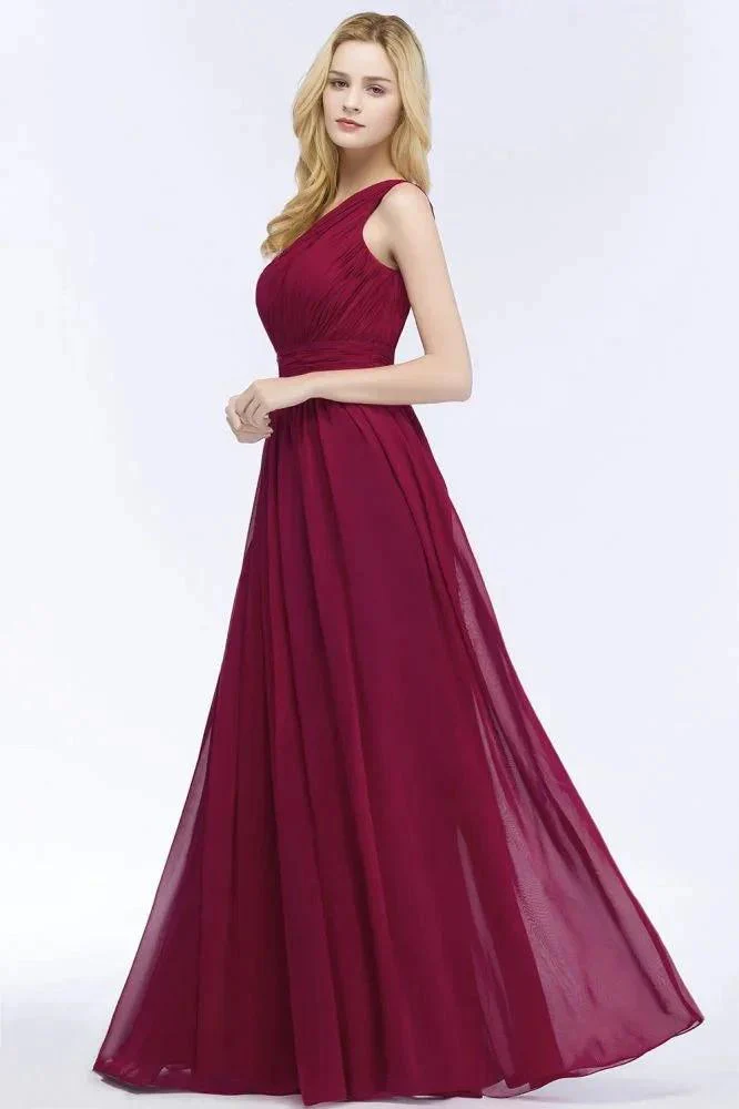 One-shoulder Floor Length Burgundy Ruffled Chiffon A-line Bridesmaid Dresses - Image 4