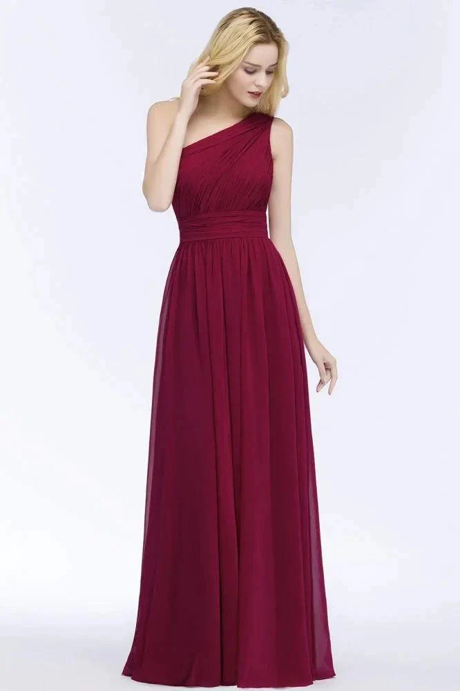 One-shoulder Floor Length Burgundy Ruffled Chiffon A-line Bridesmaid Dresses - Image 5