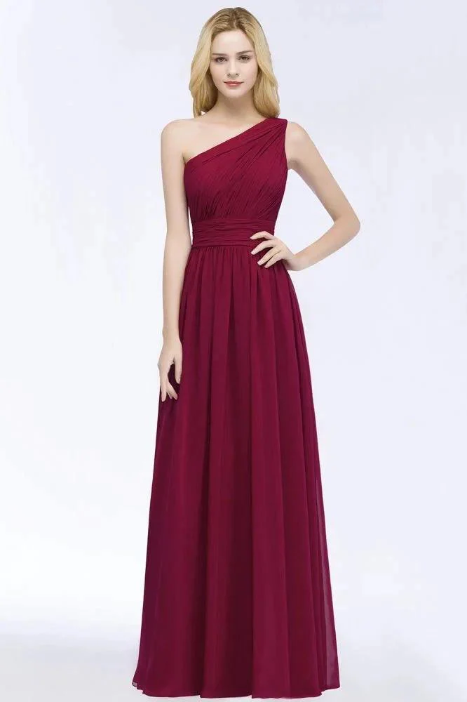 One-shoulder Floor Length Burgundy Ruffled Chiffon A-line Bridesmaid Dresses - Image 6