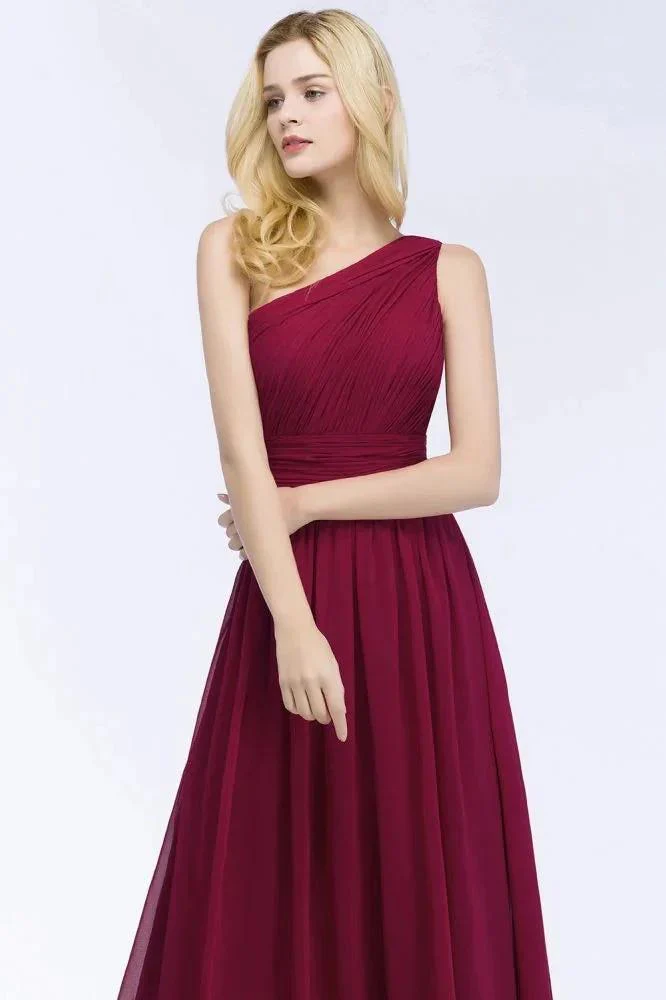 One-shoulder Floor Length Burgundy Ruffled Chiffon A-line Bridesmaid Dresses - Image 7