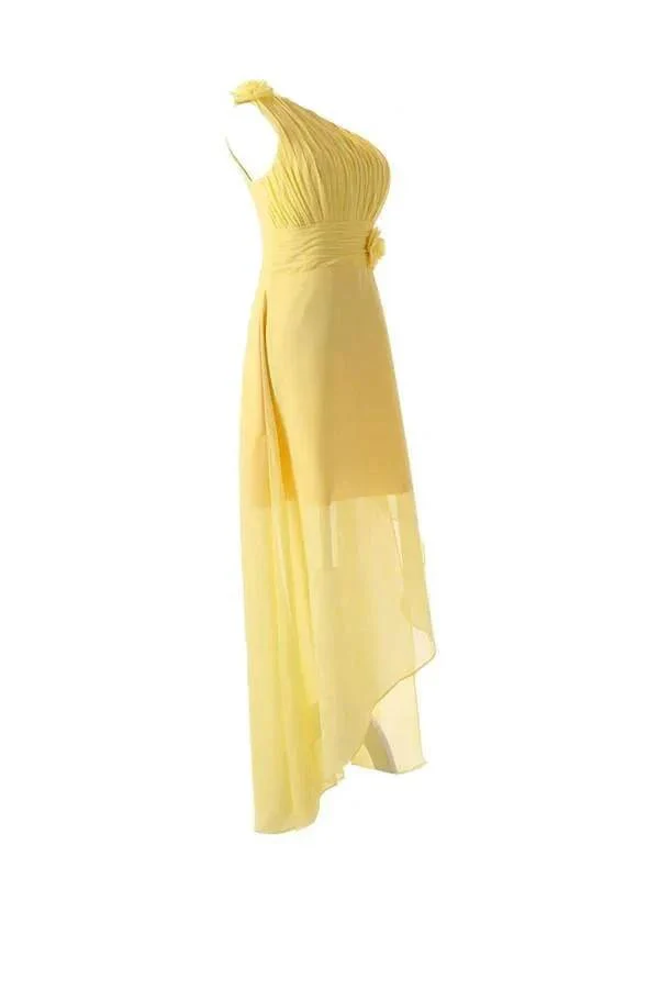 One Shoulder Floor Length Chiffon Yellow Bridesmaid Dress With Flower BD015 - Image 2