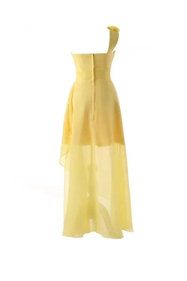 One Shoulder Floor Length Chiffon Yellow Bridesmaid Dress With Flower BD015 - Image 3
