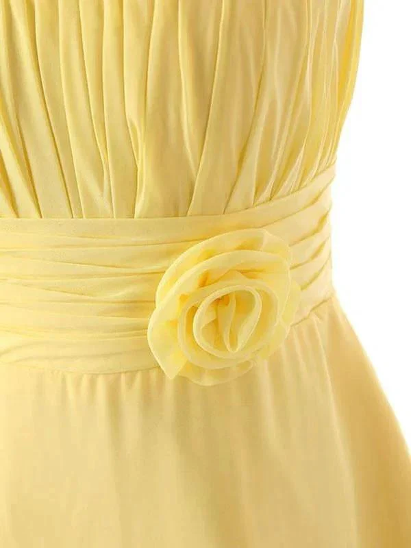 One Shoulder Floor Length Chiffon Yellow Bridesmaid Dress With Flower BD015 - Image 4
