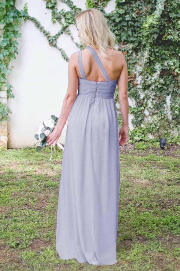 One-Shoulder Floor-Length Open Back Gray Chiffon Bridesmaid Dress BD037 - Image 2
