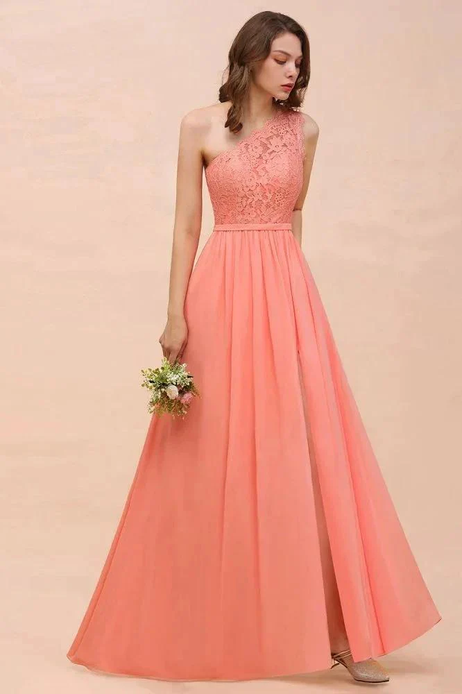 One Shoulder Floral Bridesmaid Dress Side Split Formal Wedding Guest Dress with Pocket - Image 3