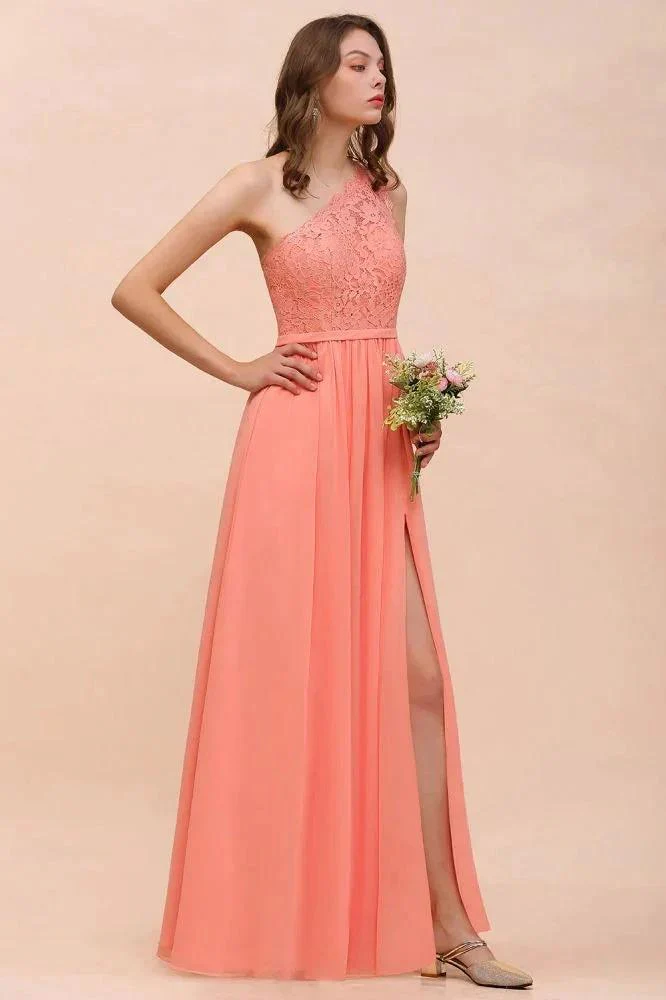 One Shoulder Floral Bridesmaid Dress Side Split Formal Wedding Guest Dress with Pocket - Image 4