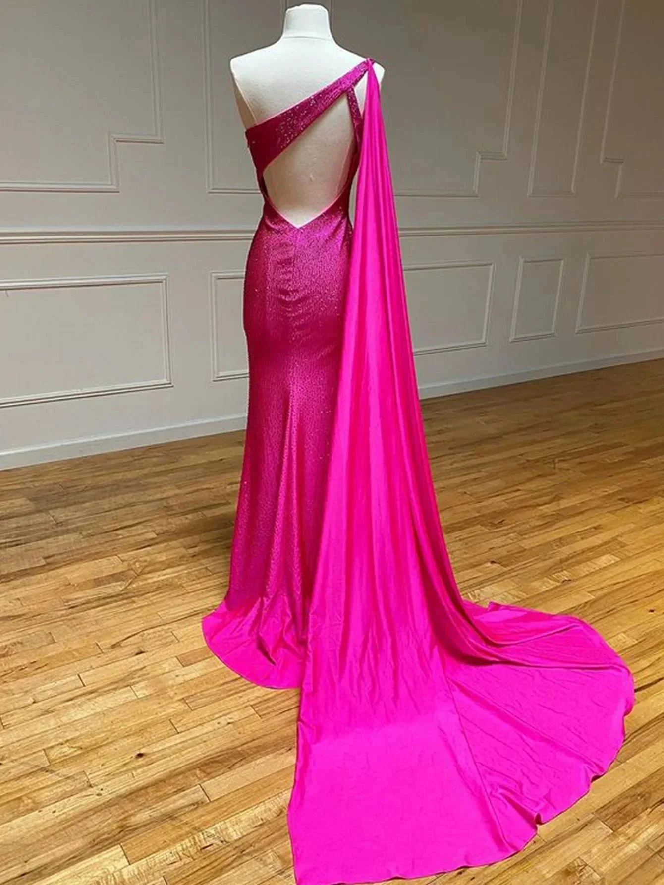One Shoulder Glitter Mermaid Pink Long Prom Dress - Image 2