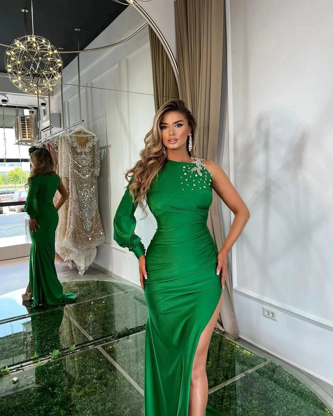 One Shoulder Green Satin Mermaid Prom Dress with Slit and Rhinestone - Image 2