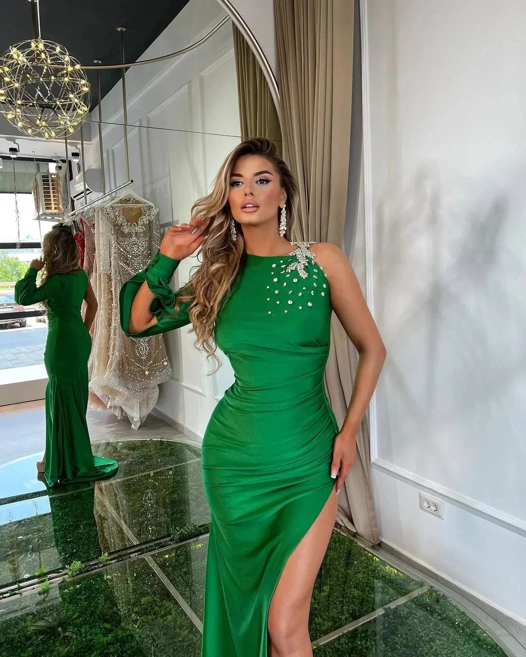 One Shoulder Green Satin Mermaid Prom Dress with Slit and Rhinestone - Image 3