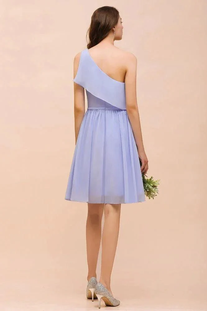 One Shoulder Lavender Mini Bridesmaid Dress Chiffon Knee Length Simple Daily Dress - Image 2