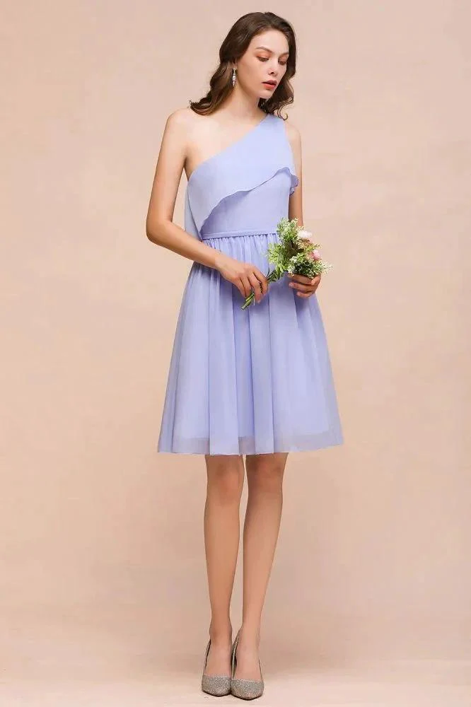 One Shoulder Lavender Mini Bridesmaid Dress Chiffon Knee Length Simple Daily Dress - Image 3
