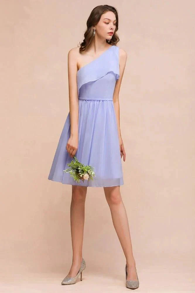 One Shoulder Lavender Mini Bridesmaid Dress Chiffon Knee Length Simple Daily Dress - Image 4