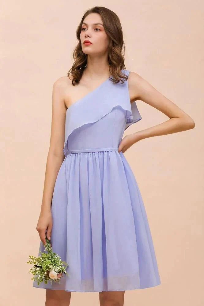 One Shoulder Lavender Mini Bridesmaid Dress Chiffon Knee Length Simple Daily Dress - Image 5