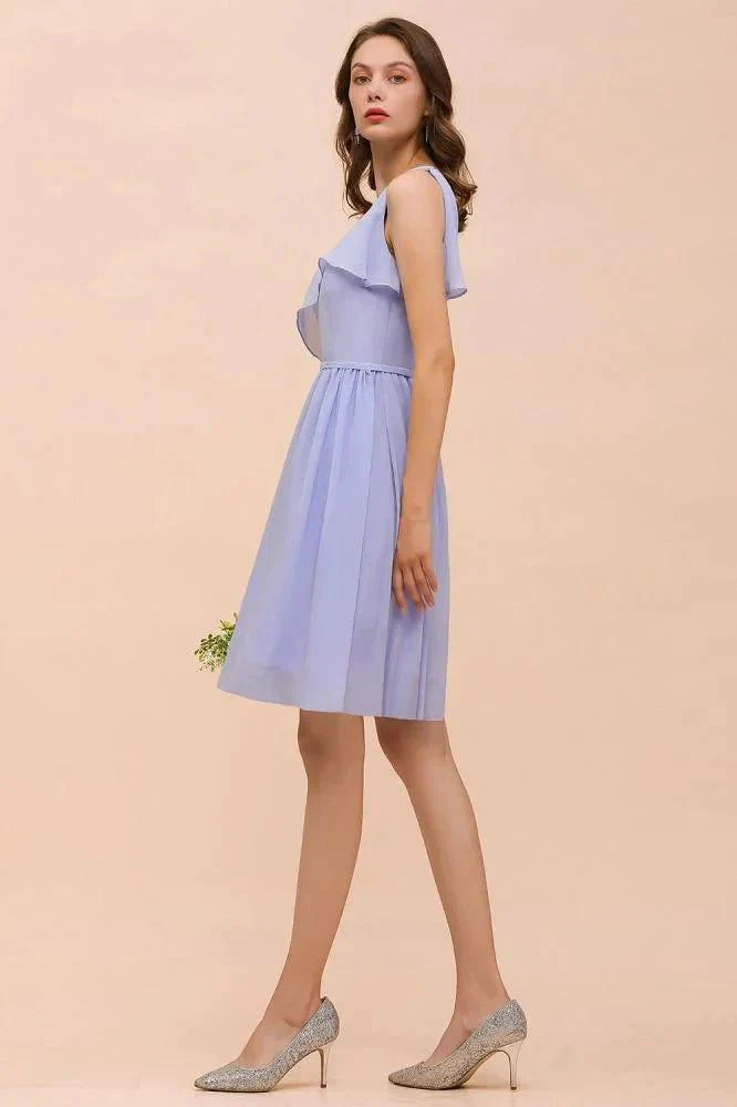 One Shoulder Lavender Mini Bridesmaid Dress Chiffon Knee Length Simple Daily Dress - Image 6