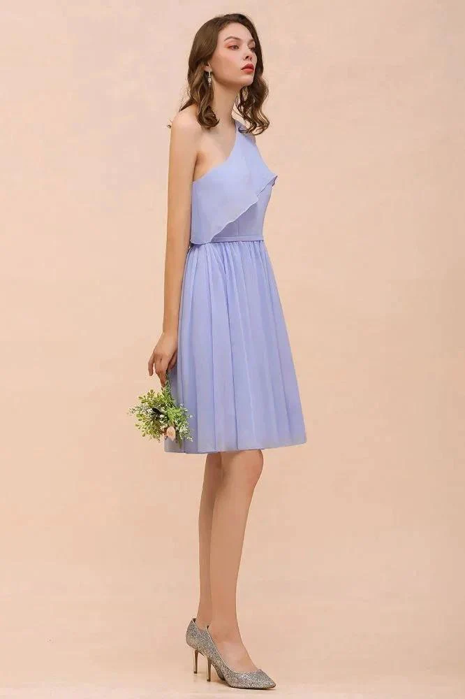 One Shoulder Lavender Mini Bridesmaid Dress Chiffon Knee Length Simple Daily Dress - Image 7