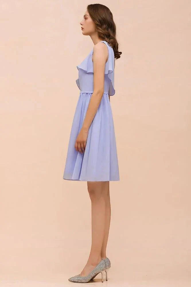 One Shoulder Lavender Mini Bridesmaid Dress Chiffon Knee Length Simple Daily Dress - Image 8
