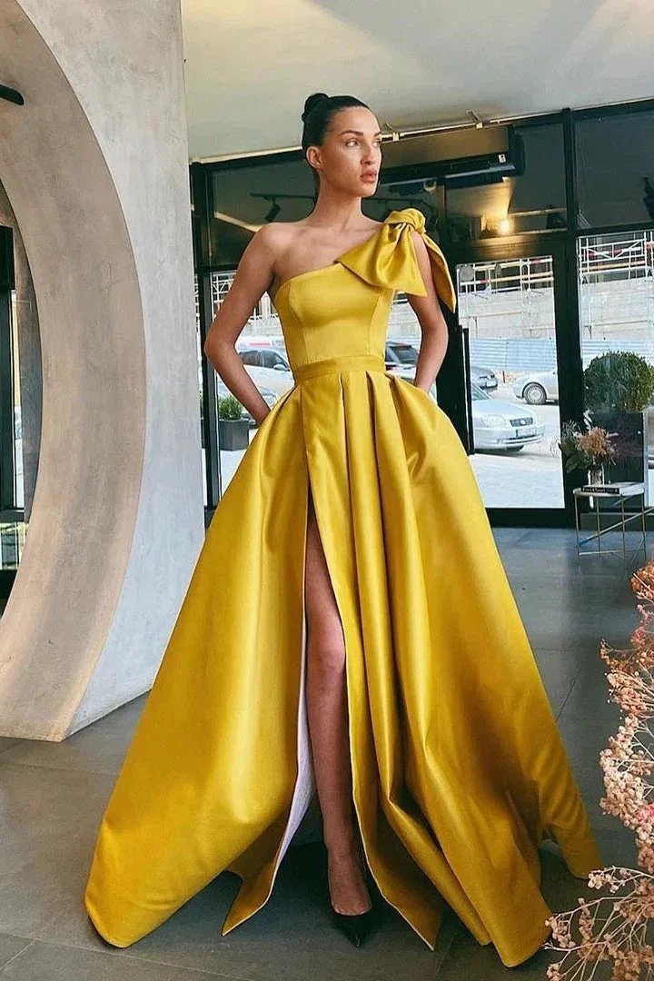 One Shoulder Long A-line Satin Front Slit Prom Dress With Pockets - Image 2