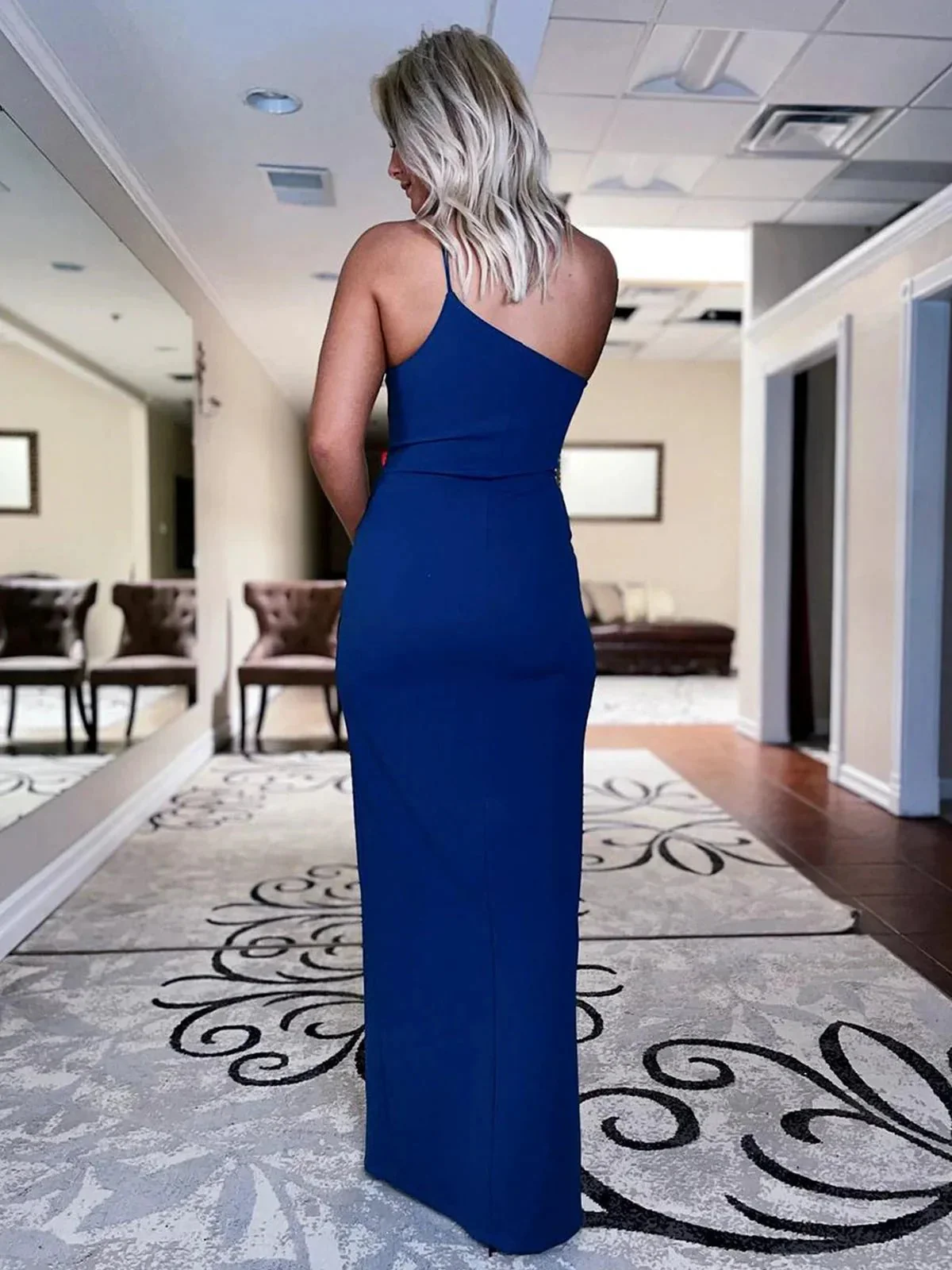 One Shoulder Long Prom Royal Blue Backless Dress with Slit - Image 2