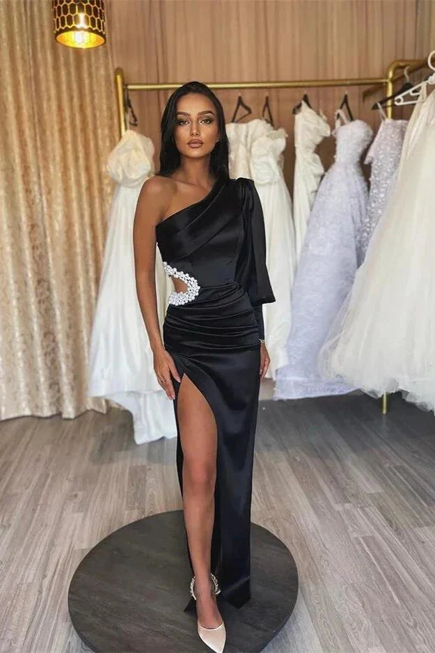 One Shoulder Long Sleeve Black Satin Evening Gown with Elegant Pleated Slit - Image 2