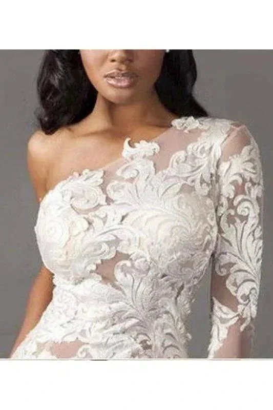 One Shoulder Long Sleeve Tulle Lace Pretty Mermaid Elegant Wedding Dresses - Image 2