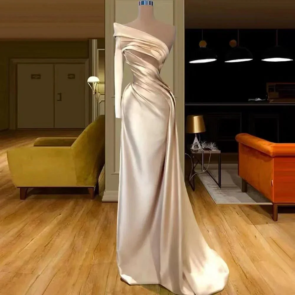 One Shoulder Long Sleeves Prom Dress Mermaid in Champagne - Image 2