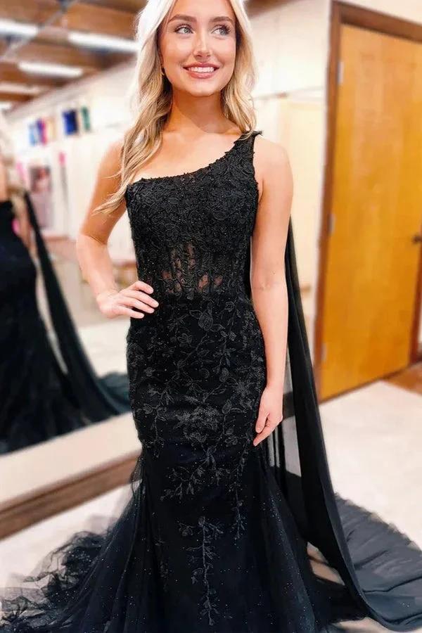 One Shoulder Mermaid Lace Black Prom Dress Formal Gown PSK567 - Image 2