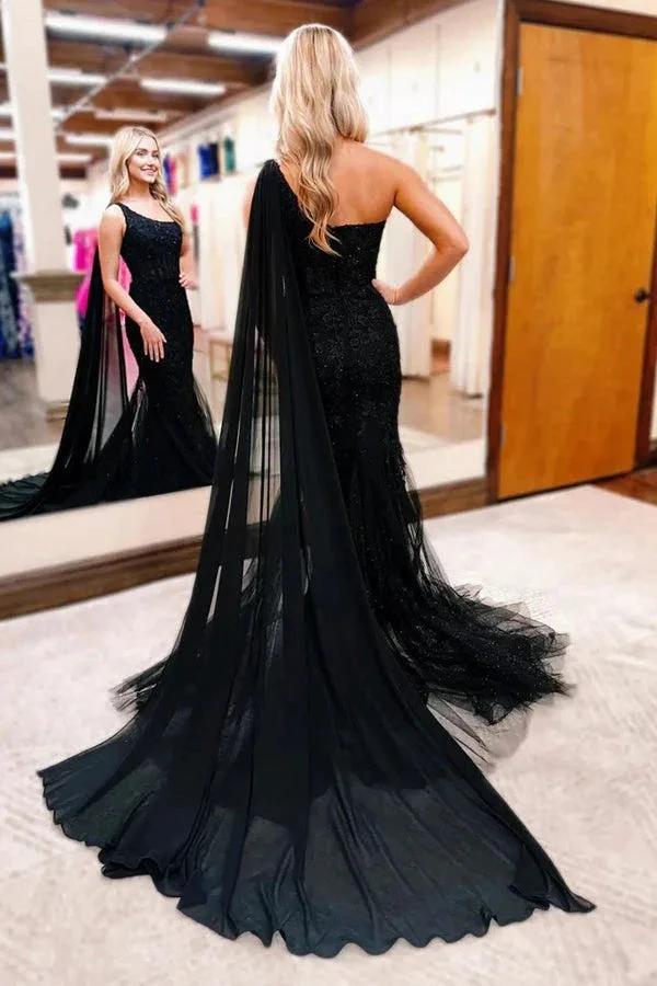 One Shoulder Mermaid Lace Black Prom Dress Formal Gown PSK567 - Image 3