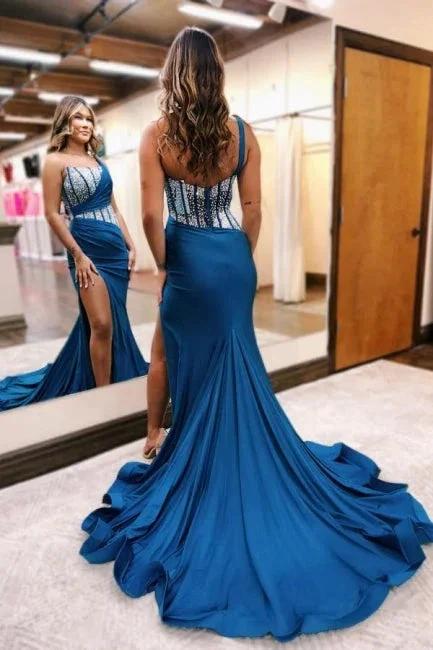 One shoulder Ocean blue Silver beaded Prom Dress - Image 2