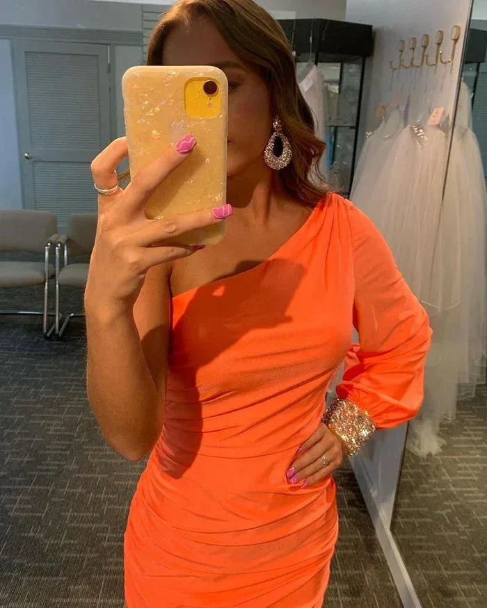 One Shoulder Orange Satin Tight Homecoming Dress with Beading Long Sleeves Y2905 - Image 2
