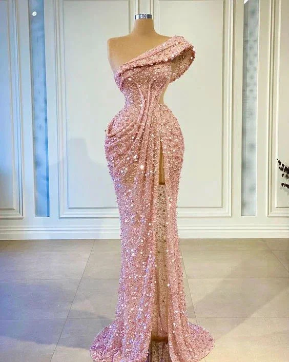 One Shoulder Prom Dresses Side Slit Prom Dresses One Shoulder Evening Dresses Y6669 - Image 2