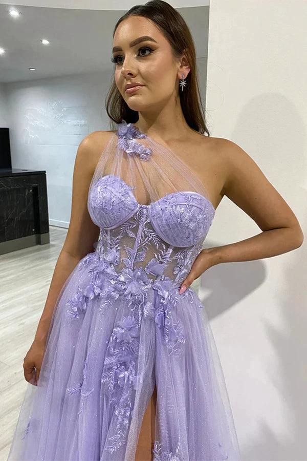 One Shoulder Purple Blue Lace Split Prom Dresses Evening Dresses PSK426 - Image 3