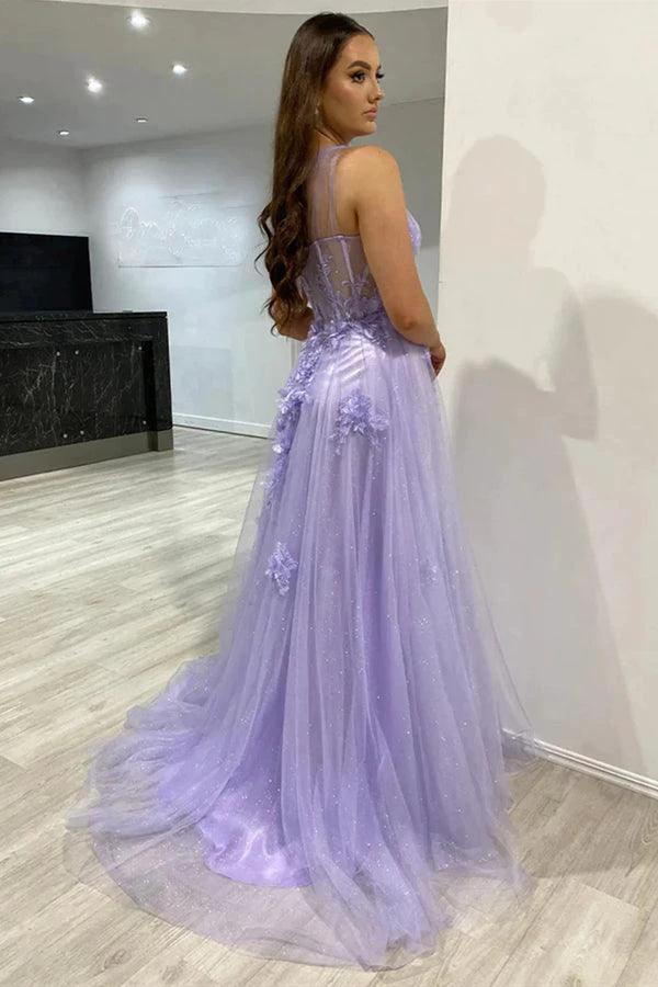 One Shoulder Purple Blue Lace Split Prom Dresses Evening Dresses PSK426 - Image 4