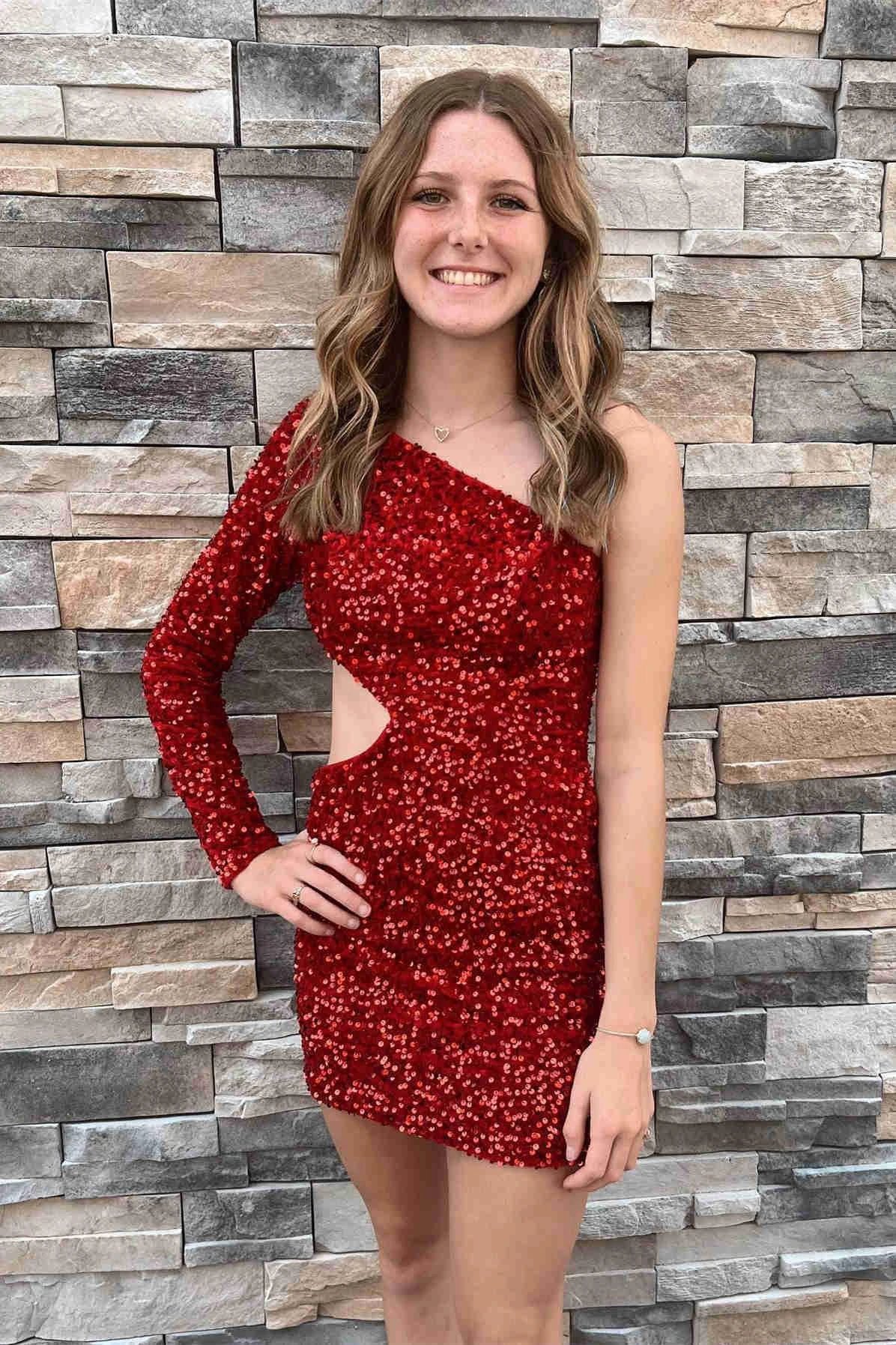 One Shoulder Purple Bodycon Sequin Homecoming Dress SYH34 - Image 4