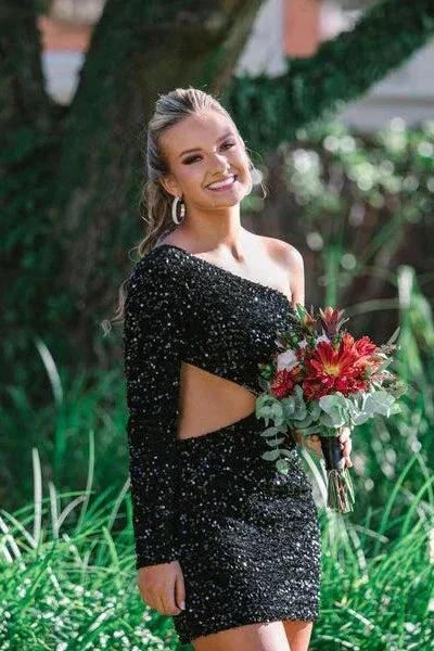 One Shoulder Purple Bodycon Sequin Homecoming Dress SYH34 - Image 5