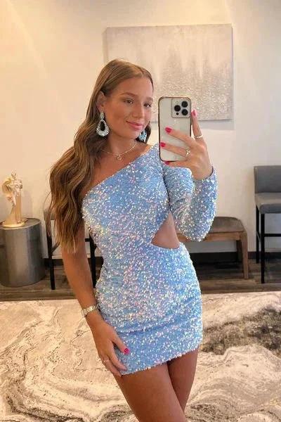 One Shoulder Purple Bodycon Sequin Homecoming Dress SYH34 - Image 6