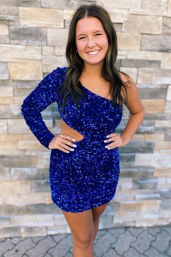 One Shoulder Purple Bodycon Sequin Homecoming Dress SYH34 - Image 7
