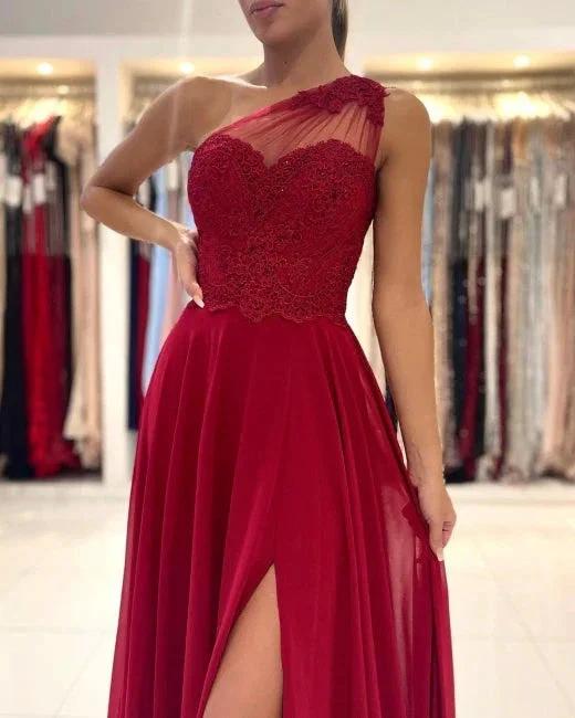 One Shoulder Red Prom Dress Floor Length Sleeveless Maxi Dress with Front Slit - Image 2