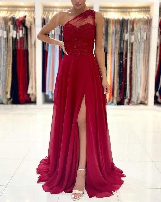 One Shoulder Red Prom Dress Floor Length Sleeveless Maxi Dress with Front Slit - Image 3