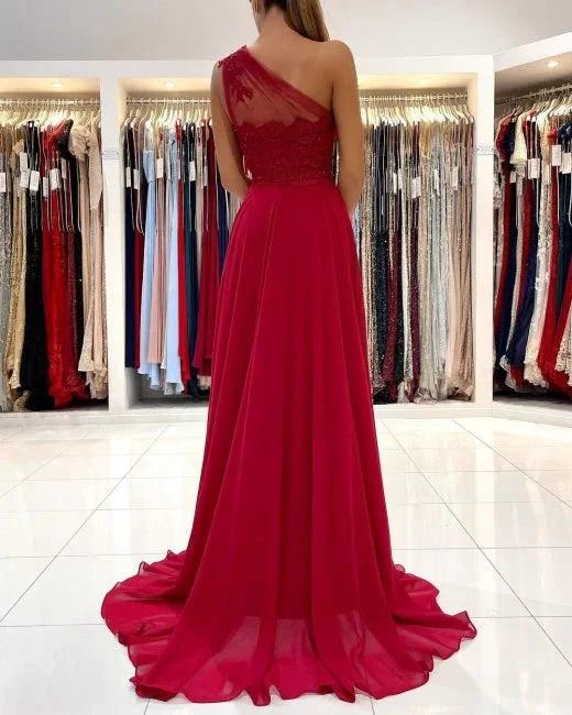 One Shoulder Red Prom Dress Floor Length Sleeveless Maxi Dress with Front Slit - Image 4