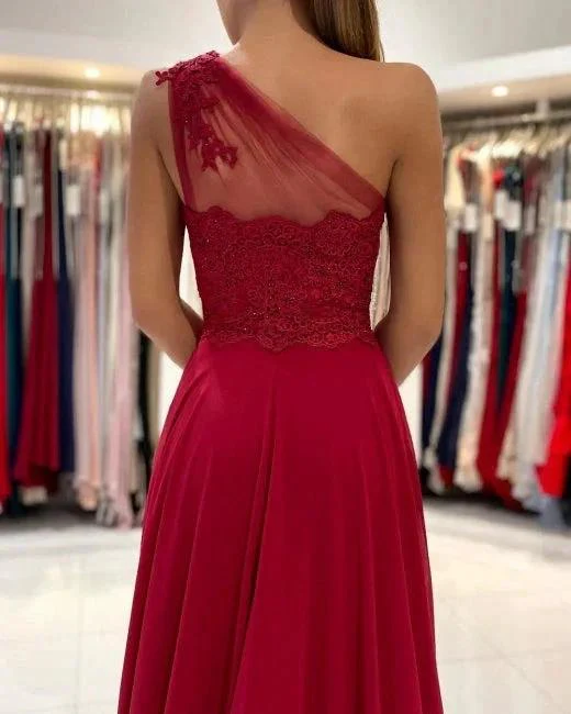 One Shoulder Red Prom Dress Floor Length Sleeveless Maxi Dress with Front Slit - Image 6