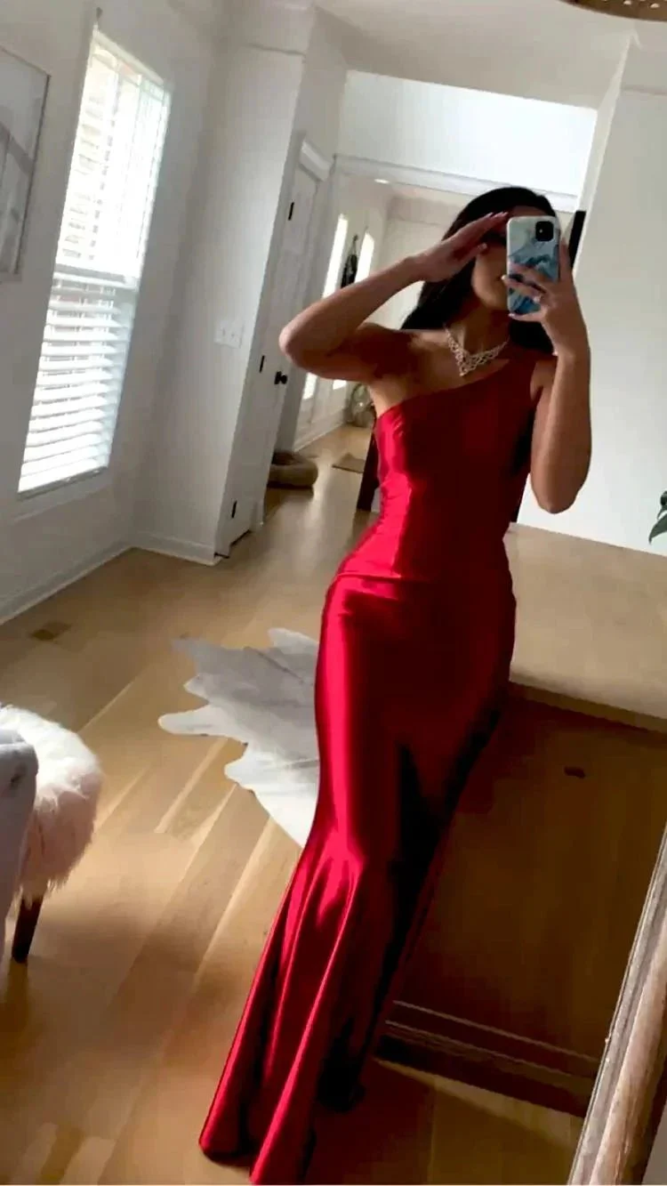 One Shoulder Red Satin Long Prom Dress Glamorous Evening Dress Y431 - Image 2