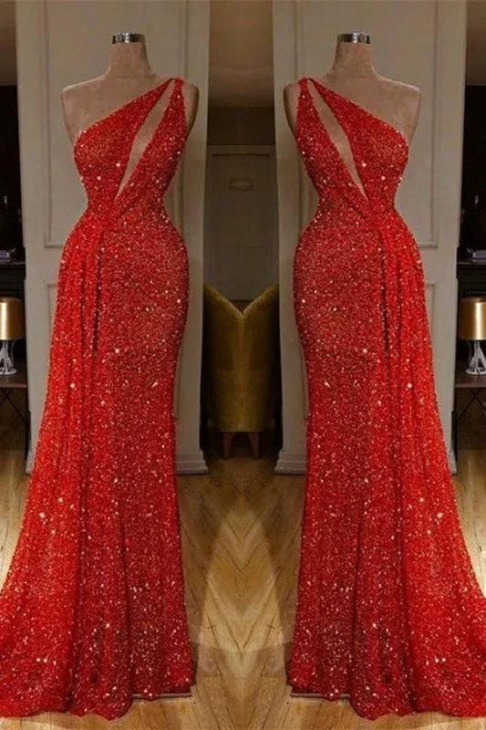 One Shoulder Red Sexy Sequins Long Prom Dresses - Image 2