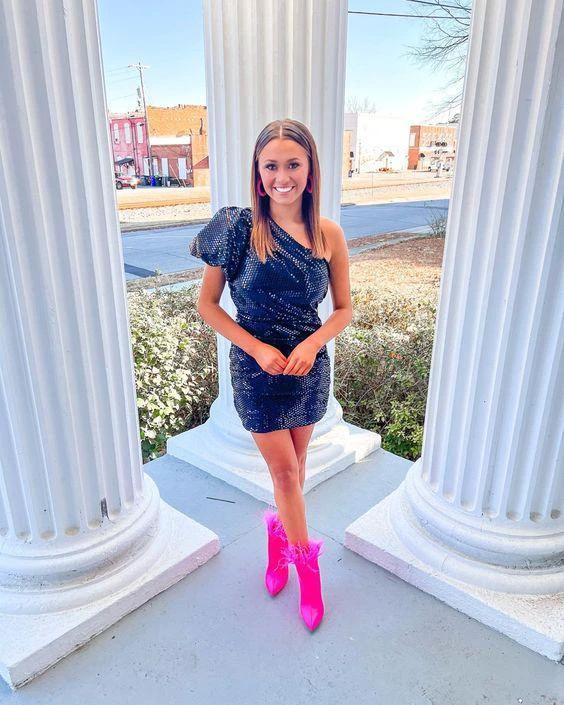 One Shoulder Sequins Short Homecoming Dress Graduation Dress Y1830 - Image 2