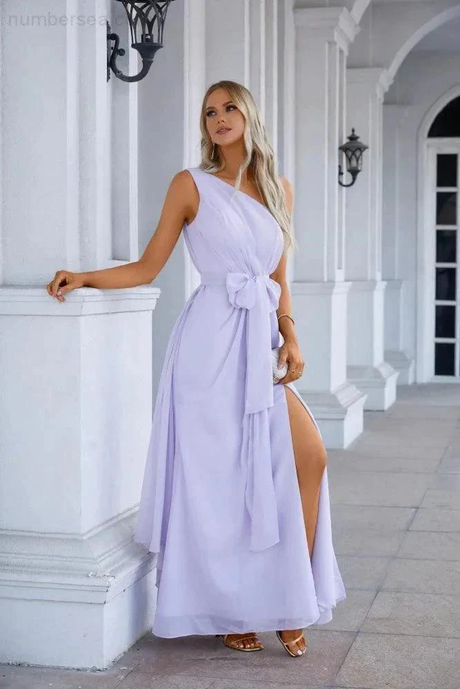One Shoulder Sleeveless Chiffon Bow Bridesmaid Evening Dress Wedding Prom Party Evening Dress SEA28133 - Image 3