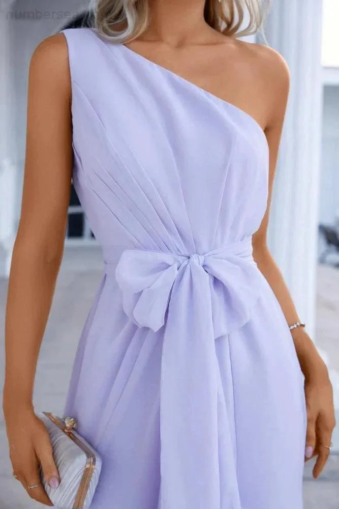One Shoulder Sleeveless Chiffon Bow Bridesmaid Evening Dress Wedding Prom Party Evening Dress SEA28133 - Image 5