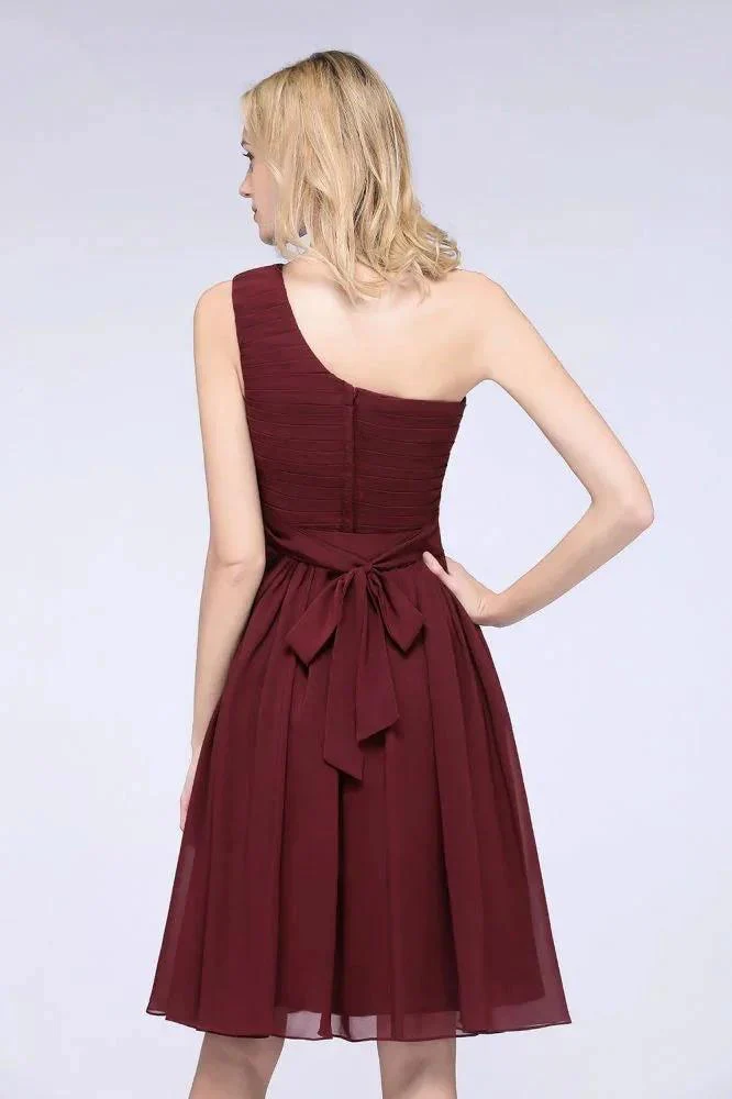 One-Shoulder Sleeveless Knee-Length Bridesmaid Dress with Ruffles Formal Party Dress - Image 6